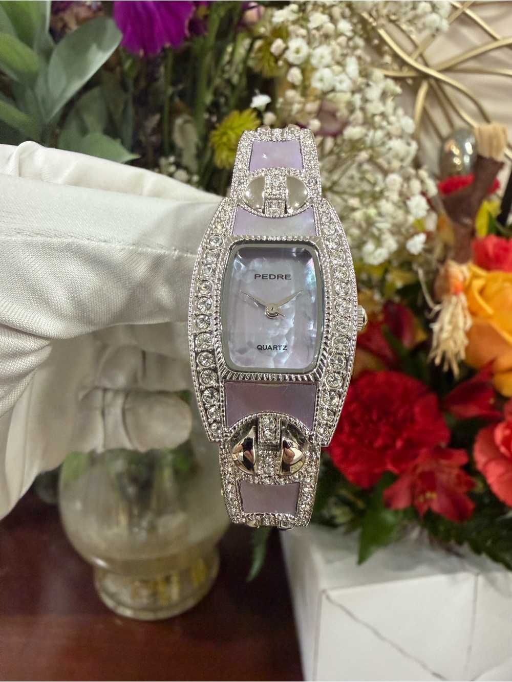 Vintage Pedre Women's Dress Watch MOP Dial Lavender Enamel Crystal Pave Bracelet